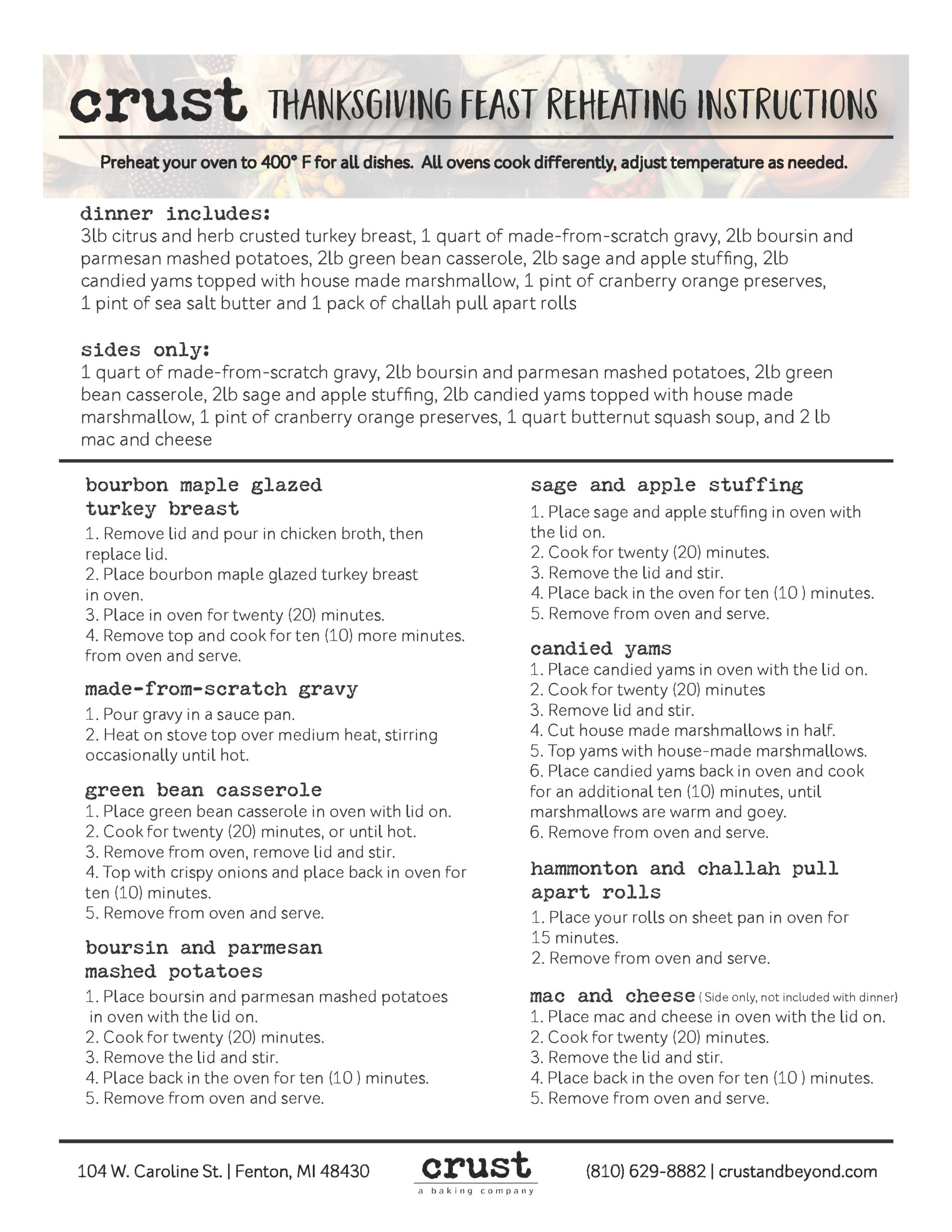 2022 Thanksgiving Reheating Instructions
